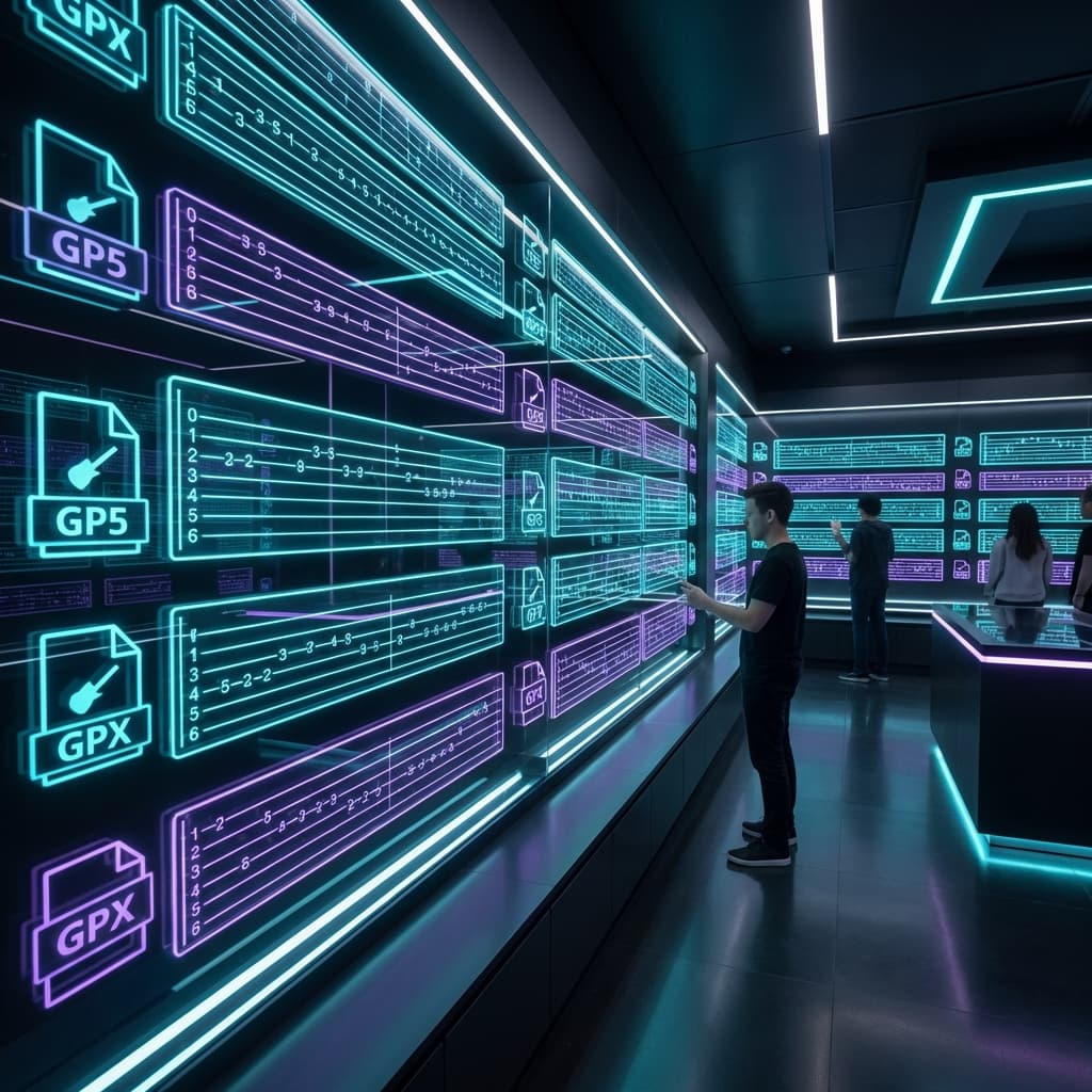 Futuristic digital library of glowing guitar tab files