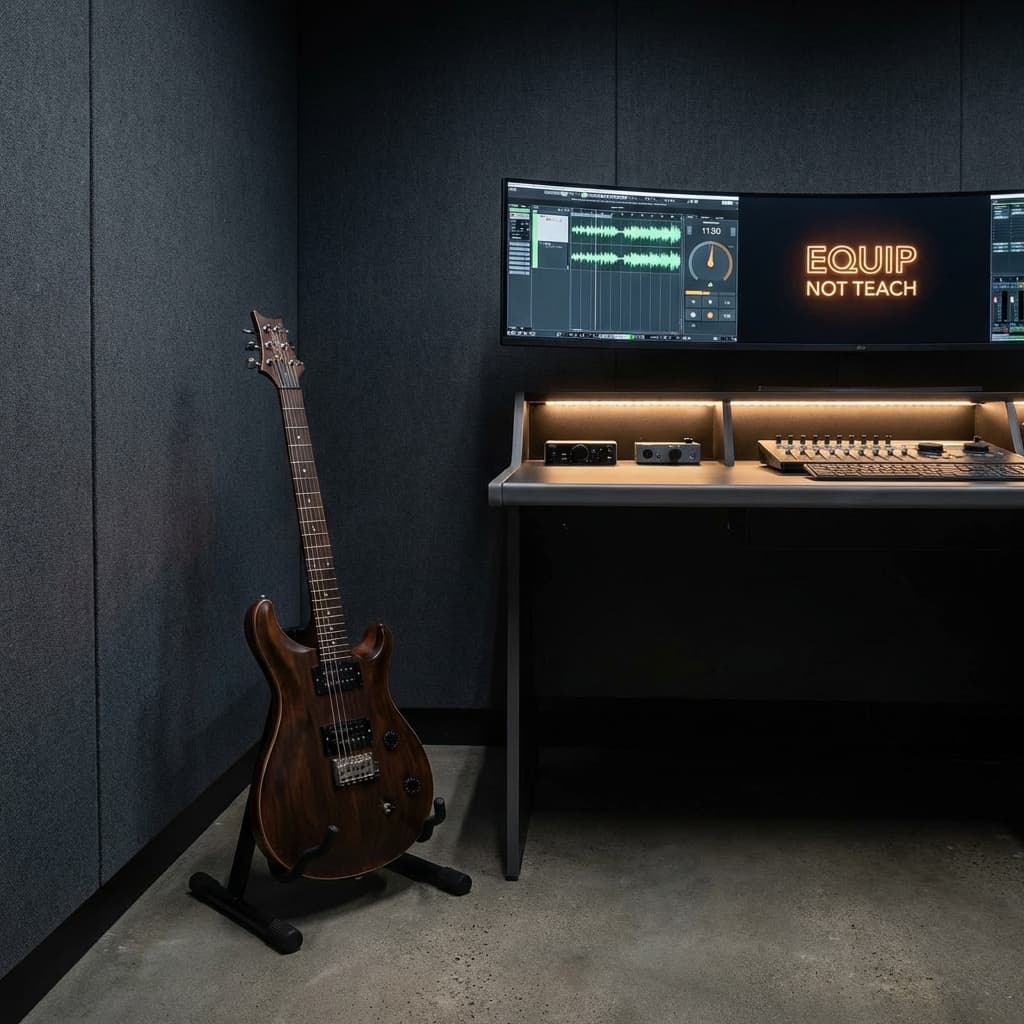 Minimalist practice space with a guitar and digital workstation