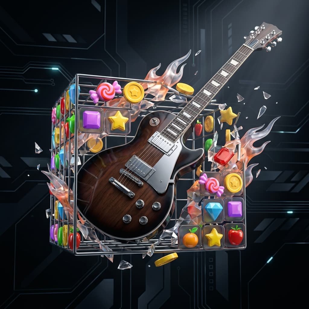 Electric guitar breaking free from a cage of mobile game icons